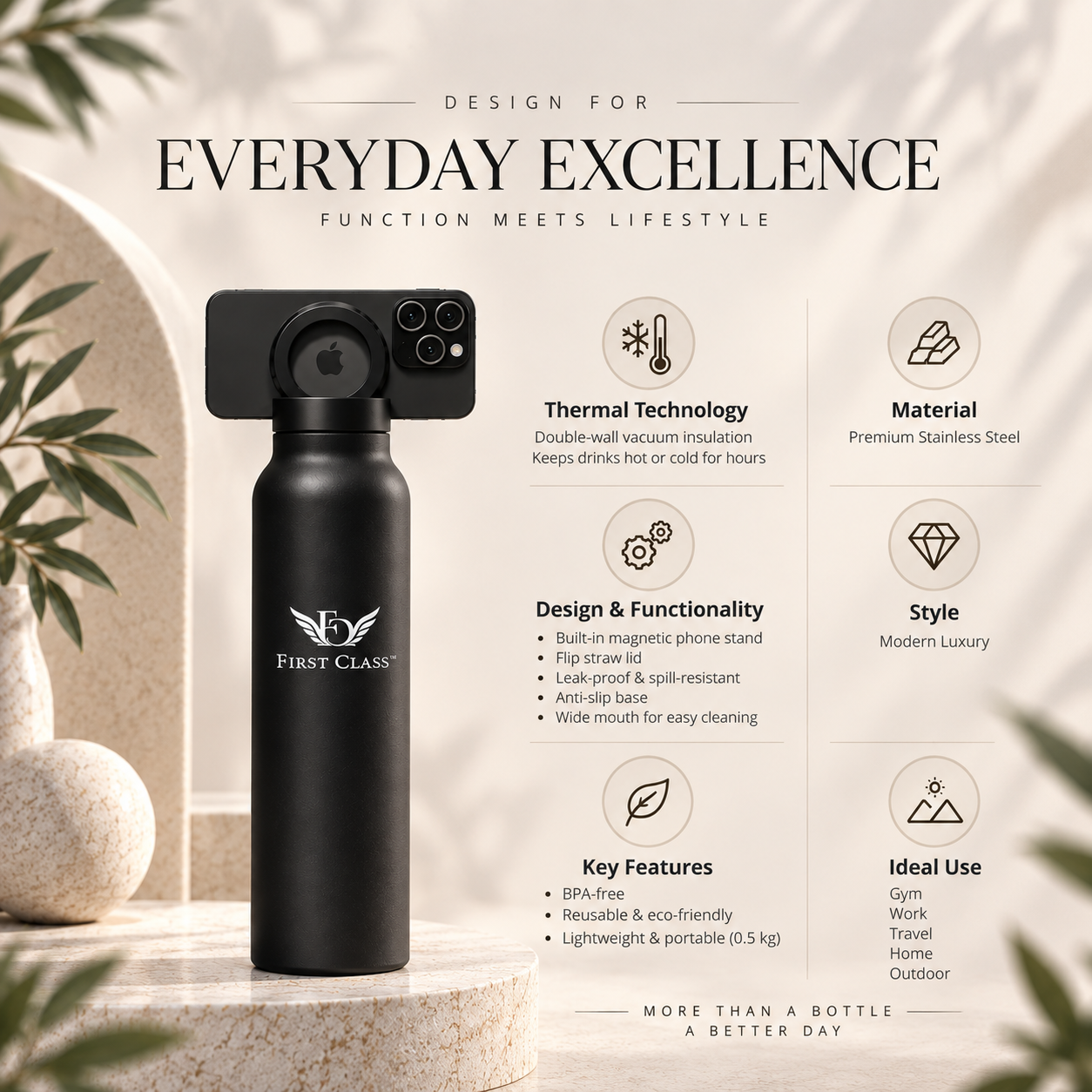 Design for everyday excellence. First Class magnetic bottle: double-wall vacuum insulation, stainless steel, magnetic phone stand, flip straw lid, anti-slip base and easy-clean wide mouth. BPA-free, reusable and portable.