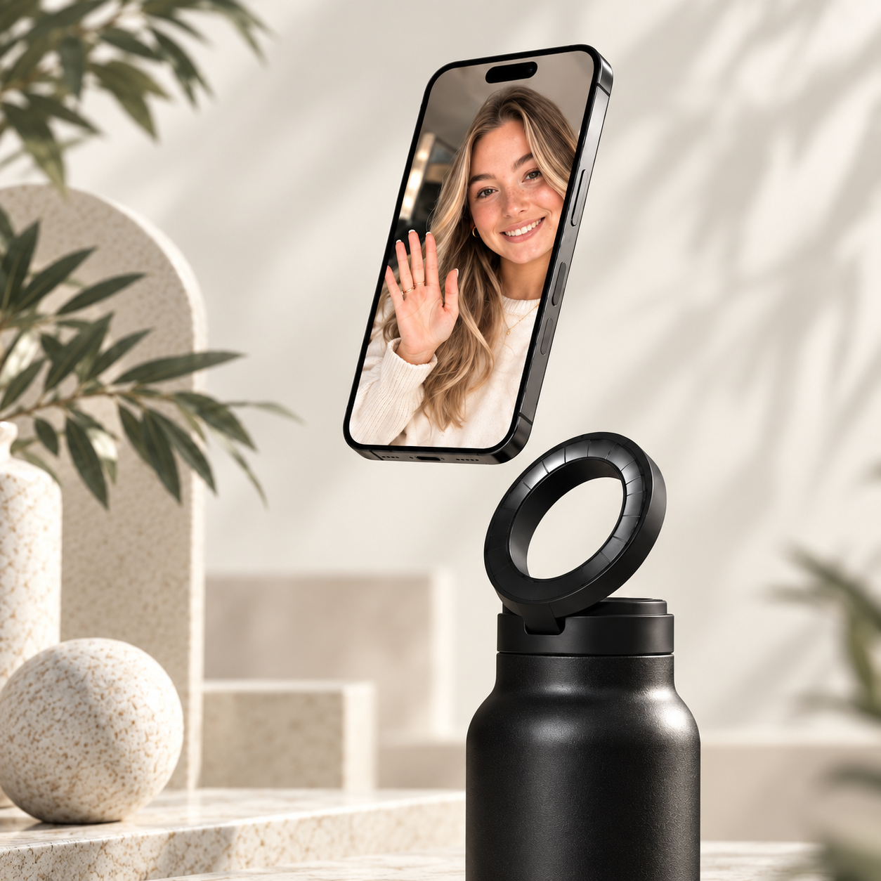 First Class magnetic stand bottle with a phone for video calls